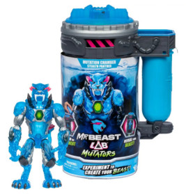 Blaues MrBeast Lab Mutators Spielset mit Actionfigur, Mutationskammer und farbenfroher Verpackung.