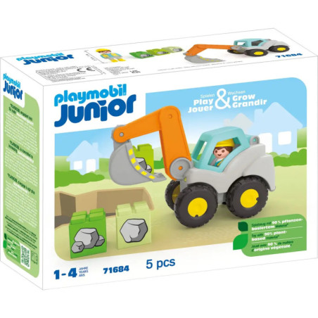 Playmobil Junior Set mit Spielzeug-Bagger, Steinen und Kinderfigur, geeignet für Kinder von 1 bis 4 Jahren.