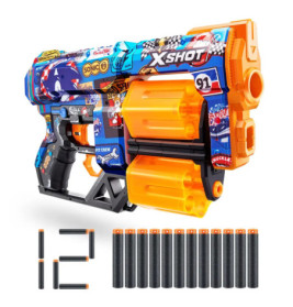 Bunte Spielzeugpistole mit Sonic-Motiven und zwölf darunter liegenden Schaumstoffpfeilen.