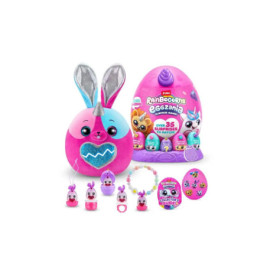 Rainbocorns Eggzania Spielset mit großem Ei, Hasenplüsch, kleinen Spielzeugen, Stickern und Sammlerübersicht.