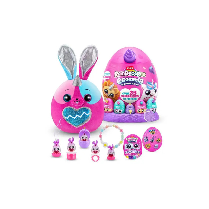 Rainbocorns Eggzania Spielset mit großem Ei, Hasenplüsch, kleinen Spielzeugen, Stickern und Sammlerübersicht.