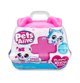 Rosa-weiße Pets Alive Puppy Rescue-Spielzeugbox mit Comic-Welpen und Speak & Repeat-Text auf der Vorderseite.