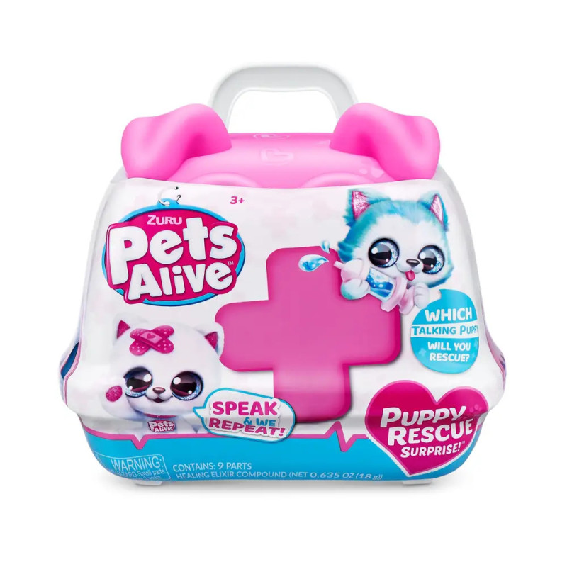 Rosa-weiße Pets Alive Puppy Rescue-Spielzeugbox mit Comic-Welpen und Speak & Repeat-Text auf der Vorderseite. Rosa-weiße Pets Alive Puppy Rescue-Spielzeugbox mit Comic-Welpen und Speak & Repeat-Text auf der Vorderseite.