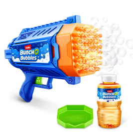 Blau-orangefarbene Seifenblasenpistole mit passender Flüssigkeit und grünem Auffangbehälter.