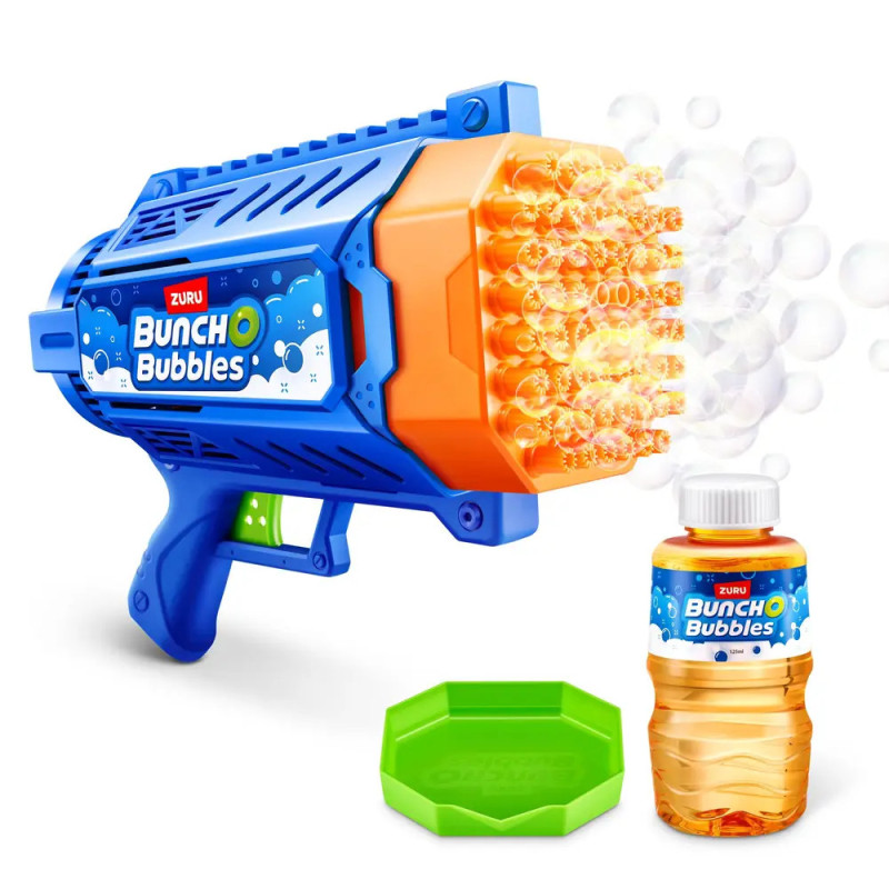 Blau-orangefarbene Seifenblasenpistole mit passender Flüssigkeit und grünem Auffangbehälter. Blau-orangefarbene Seifenblasenpistole mit passender Flüssigkeit und grünem Auffangbehälter.