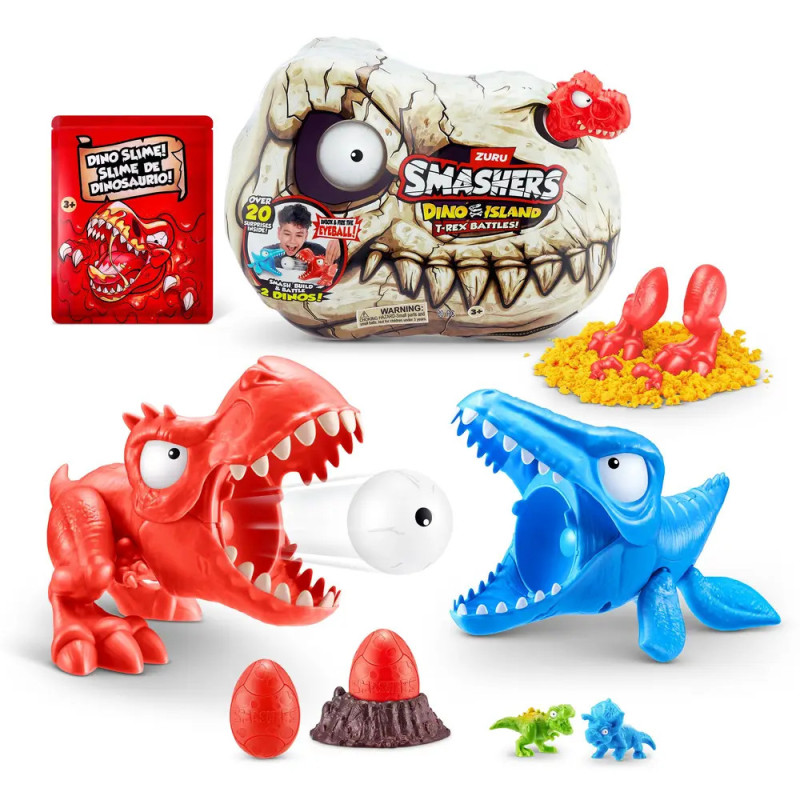 Smashers-Spielset mit Dino-Motiven: Rote und blaue Dinosaurierfiguren, Eier, Schleim und Fossilien-Zubehör.