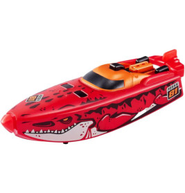 Rotes Spielzeug-Schnellboot mit schwarz-weißen Dinosauriermotiven und orangem Cockpit.