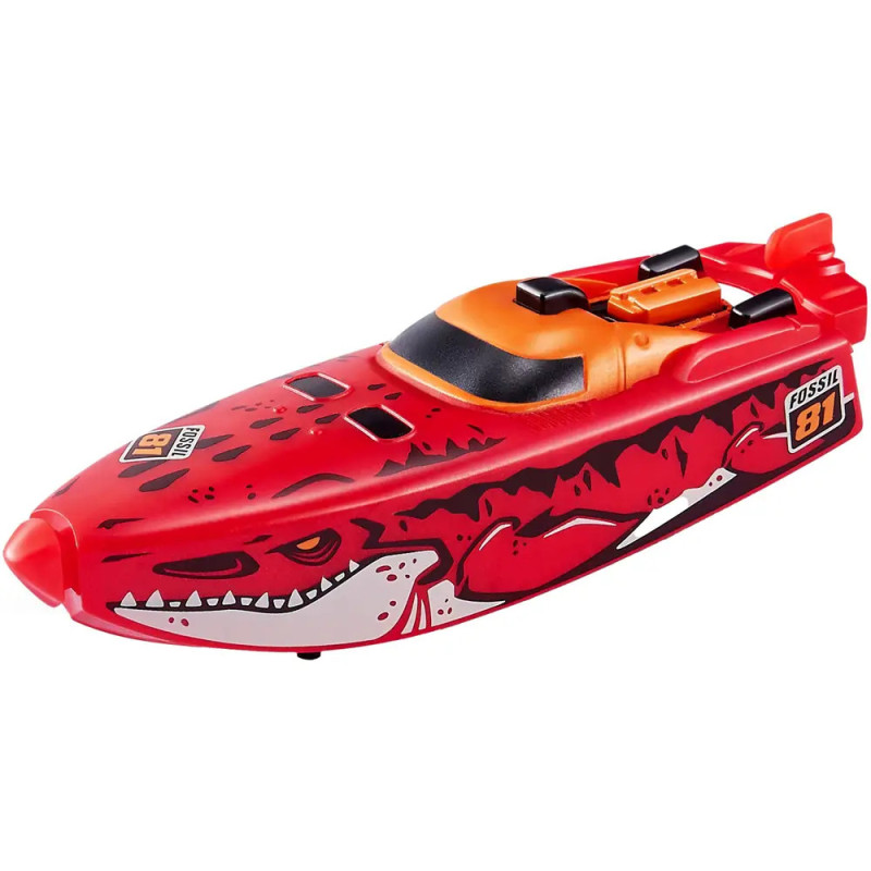 Rotes Spielzeug-Schnellboot mit schwarz-weißen Dinosauriermotiven und orangem Cockpit.