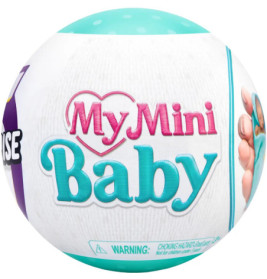 Runde Spielzeugverpackung mit Aufschrift My Mini Baby, Herzgrafik und Warnhinweis am unteren Rand.