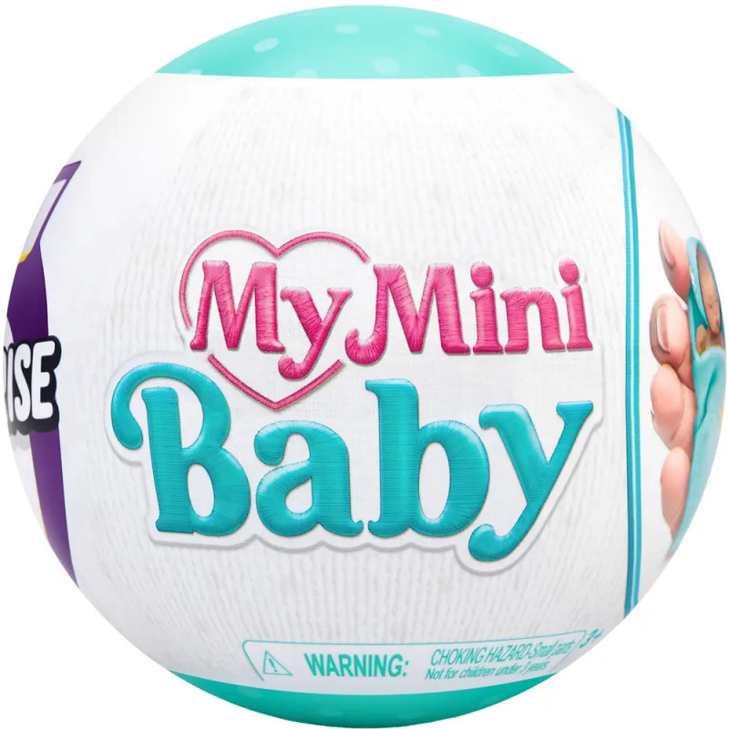 Runde Spielzeugverpackung mit Aufschrift My Mini Baby, Herzgrafik und Warnhinweis am unteren Rand.