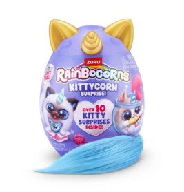 Rainbocorns Kittycorn Surprise Ei mit goldenen Katzenohren, Einhornhorn und blauem Fellschwanz vor weißem Hintergrund.