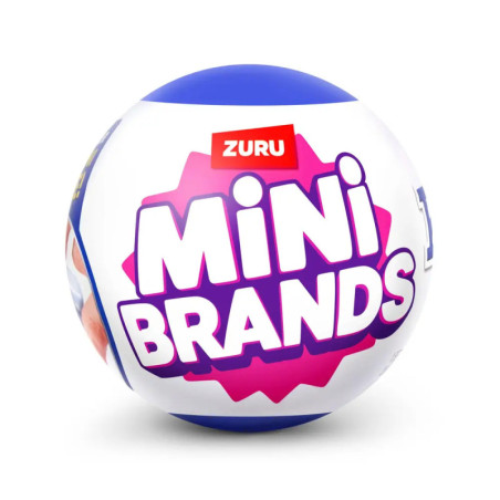 Runde Zuru Mini Brands Spielzeugkugel mit weiß-lila Etikett auf weißem Hintergrund.