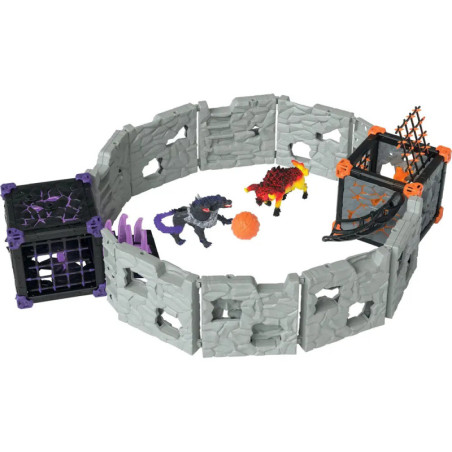 Spielzeug-Tierkampf-Arena mit zwei Figuren, Ball und Käfigen in einem grauen, runden steinähnlichen Gehäuse.