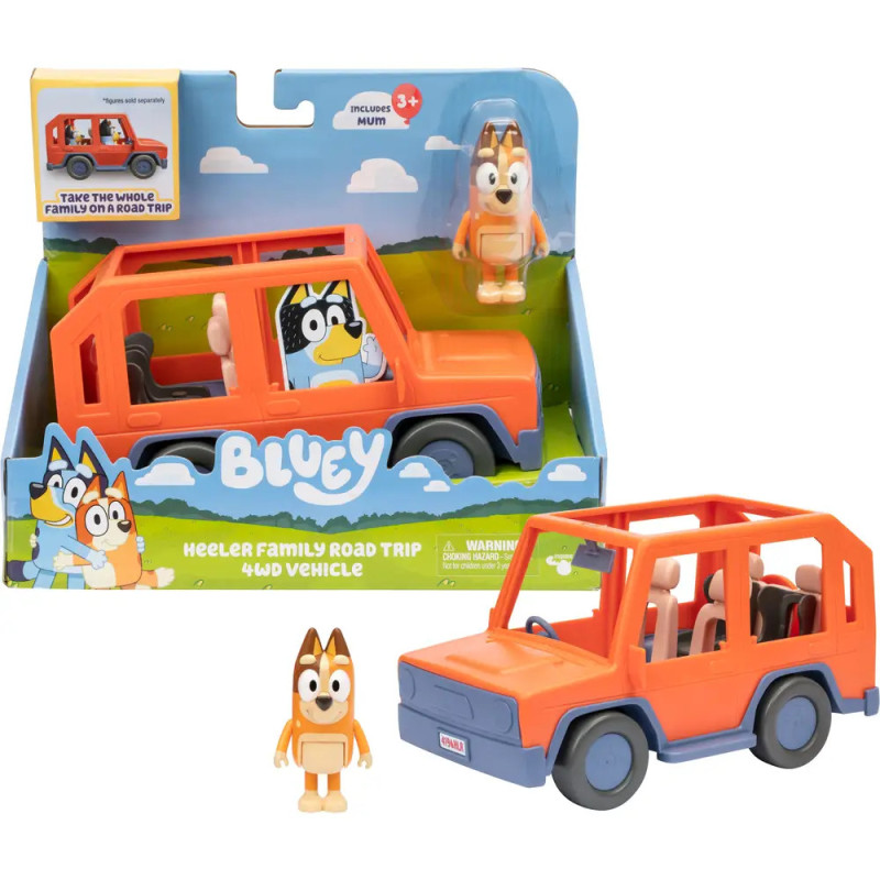 Bluey Heeler Family Road Trip Set mit orangem 4WD-Auto und Bluey-Hundfigur in Verpackung. Bluey Heeler Family Road Trip Set mit orangem 4WD-Auto und Bluey-Hundfigur in Verpackung.