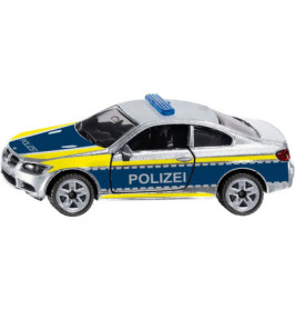 Spielzeug-Polizeiauto aus Deutschland mit blauer, gelber und silberner Lackierung, seitlich POLIZEI-Schriftzug.