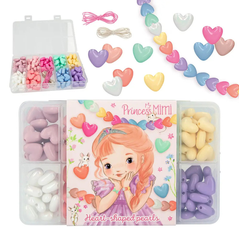 Perlen-Set mit bunten Herzperlen, Schnur und einer Princess Mimi Zeichnung auf der Verpackung. Perlen-Set mit bunten Herzperlen, Schnur und einer Princess Mimi Zeichnung auf der Verpackung.