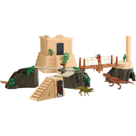 Dschungel-Spielset mit Tempel, Treppe, Brücke, Felsen, Pflanzen, Dinosauriern und einer menschlichen Figur.