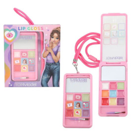 Pinkes Lipgloss-Set mit Spiegel, Pinsel, neun Farben und Lanyard, in und außerhalb der Verpackung.