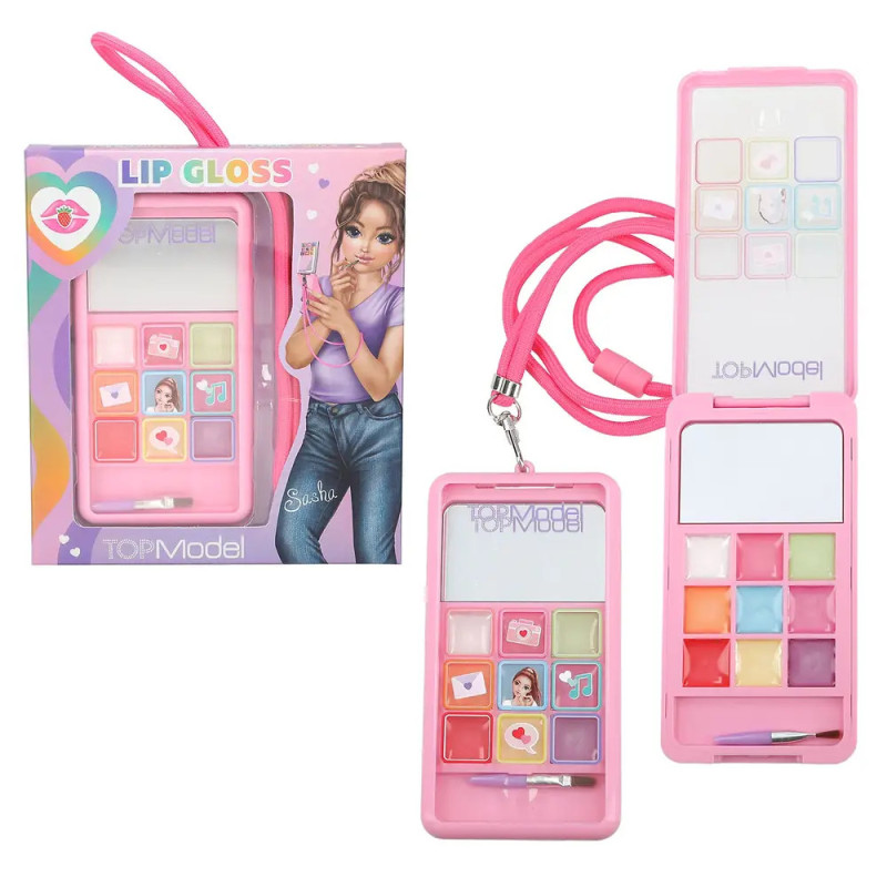 Pinkes Lipgloss-Set mit Spiegel, Pinsel, neun Farben und Lanyard, in und außerhalb der Verpackung.