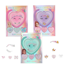 Drei pastellfarbene Packs Gesichtskristall-Sticker mit Mädchenzeichnungen und Herz-Anzeige.