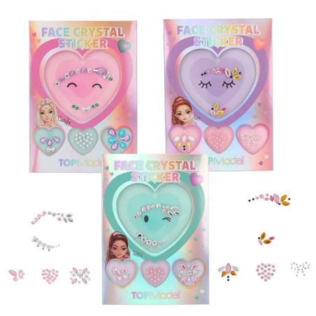 Drei pastellfarbene Packs Gesichtskristall-Sticker mit Mädchenzeichnungen und Herz-Anzeige.