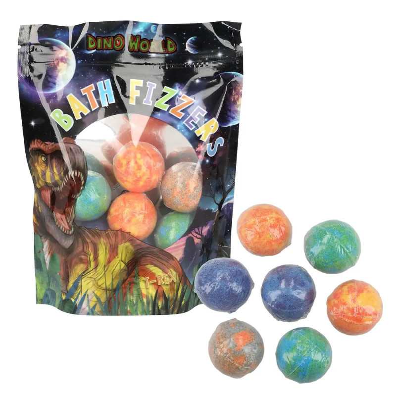 Bunte Tüte mit Dino-Motiv und Bath Fizzers-Aufdruck, enthält acht runde, mehrfarbige Badebomben.