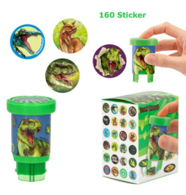 Grüner Dinosaurier-Sticker-Spender mit passenden Stickern, gehalten von einer Hand.