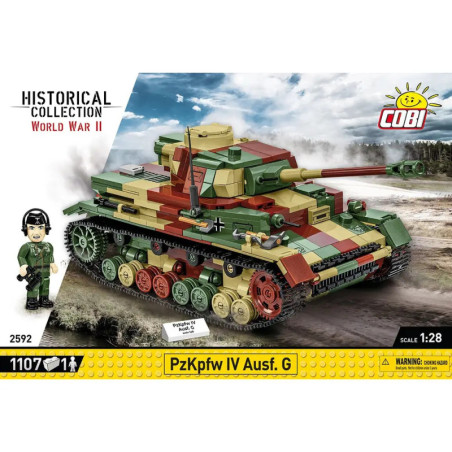 Box eines COBI WWII-Panzerbausatzes mit getarntem PzKpfw IV auf unwegsamem Gelände.
