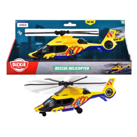 Spielzeug-Rettungshubschrauber in gelb-blauer Verpackung mit Aufziehfunktion und Rescue Helicopter-Label.