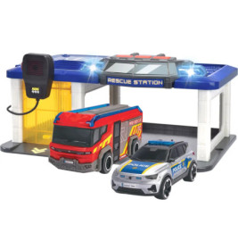 Spielzeug-Rettungsstation mit rotem Feuerwehrauto, blauem Polizeiauto und schwarzem Intercom an der Seite.