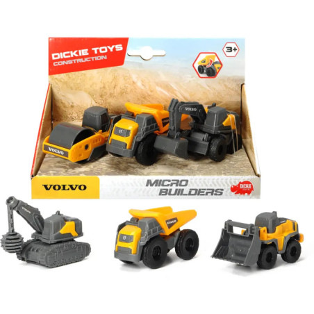 Vier gelbe und graue Volvo-Baustellen-Spielzeugfahrzeuge im Micro Builders-Karton.