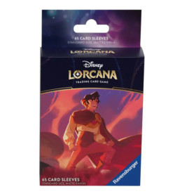 Box mit Disney Lorcana Kartenhüllen, zeigt animierten Prinzen auf lila-rotem Design.