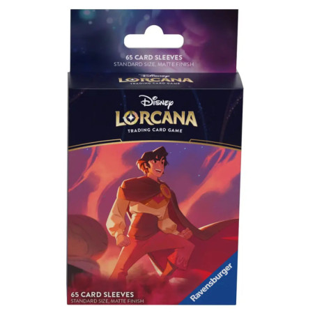 Box mit Disney Lorcana Kartenhüllen, zeigt animierten Prinzen auf lila-rotem Design.