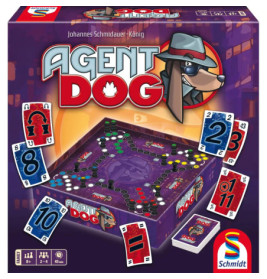 Agent Dog Brettspiel mit Comic-Hund-Detektiv, farbenfrohen Spielkarten und Spielbrett auf der Verpackung.
