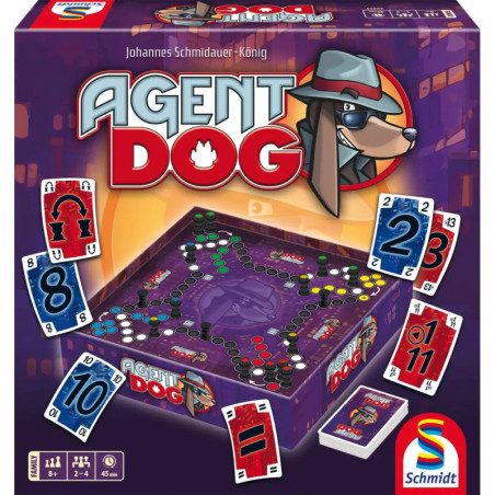 Agent Dog Brettspiel mit Comic-Hund-Detektiv, farbenfrohen Spielkarten und Spielbrett auf der Verpackung.