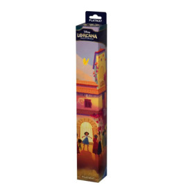 Eine Disney Lorcana Spielmattenbox mit bunter Illustration von Figuren vor einem hohen, sonnigen Haus.