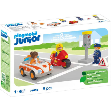 Playmobil Junior Set mit Auto, Motorrad, Ampel und Polizist auf der Verpackung. Playmobil Junior Set mit Auto, Motorrad, Ampel und Polizist auf der Verpackung.