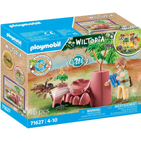Playmobil Wiltopia Set mit Kinderfigur, Spinne, Felsen und Bauteilen, geeignet für Kinder von 4 bis 10 Jahren.
