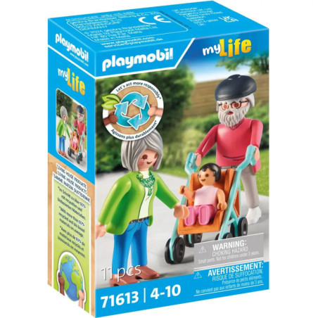 Playmobil myLife Set mit Senioren und Kind im Buggy, empfohlen für Kinder von 4 bis 10 Jahren.