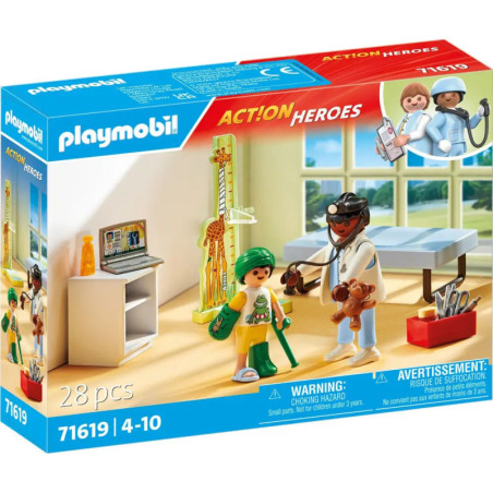 Playmobil Action Heroes Set mit Arzt, Kind-Patient und medizinischem Zubehör in einem Raum auf der Verpackung.