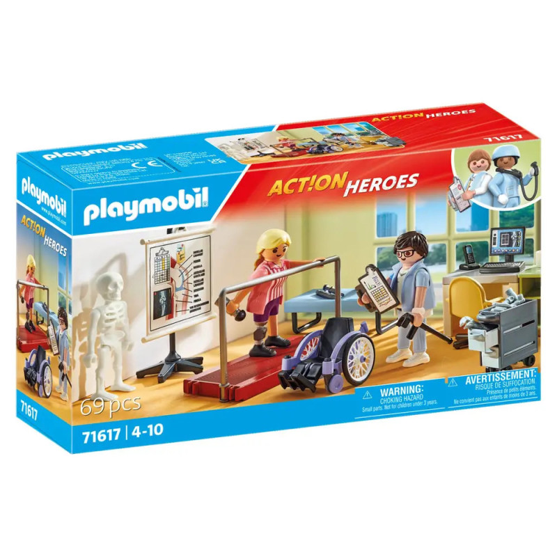 Playmobil Action Heroes Reha-Set: Figuren in einem Therapieraum mit medizinischem Equipment auf der Verpackung.