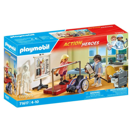 Playmobil Action Heroes Reha-Set: Figuren in einem Therapieraum mit medizinischem Equipment auf der Verpackung.