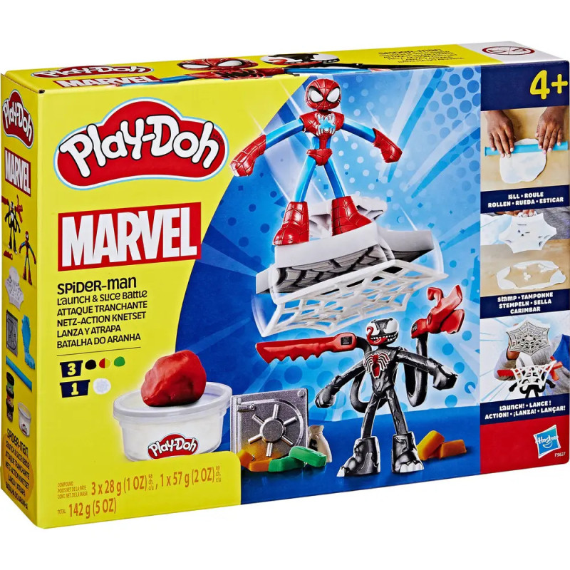 Play-Doh Marvel Spider-Man Spielset mit Spider-Man, Schurkenfiguren und Zubehör auf der Verpackung.