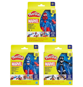 Drei Play-Doh Marvel-Sets mit Spider-Man, Captain America und Black Panther in gelber Verpackung.