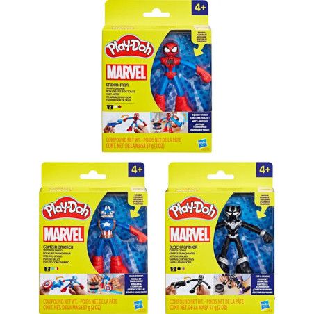 Drei Play-Doh Marvel-Sets mit Spider-Man, Captain America und Black Panther in gelber Verpackung.