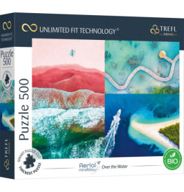 Schachtel eines 500-Teile-Trefl-Puzzles mit Luftaufnahmen bunter Wasser- und Landschaftsszenen.