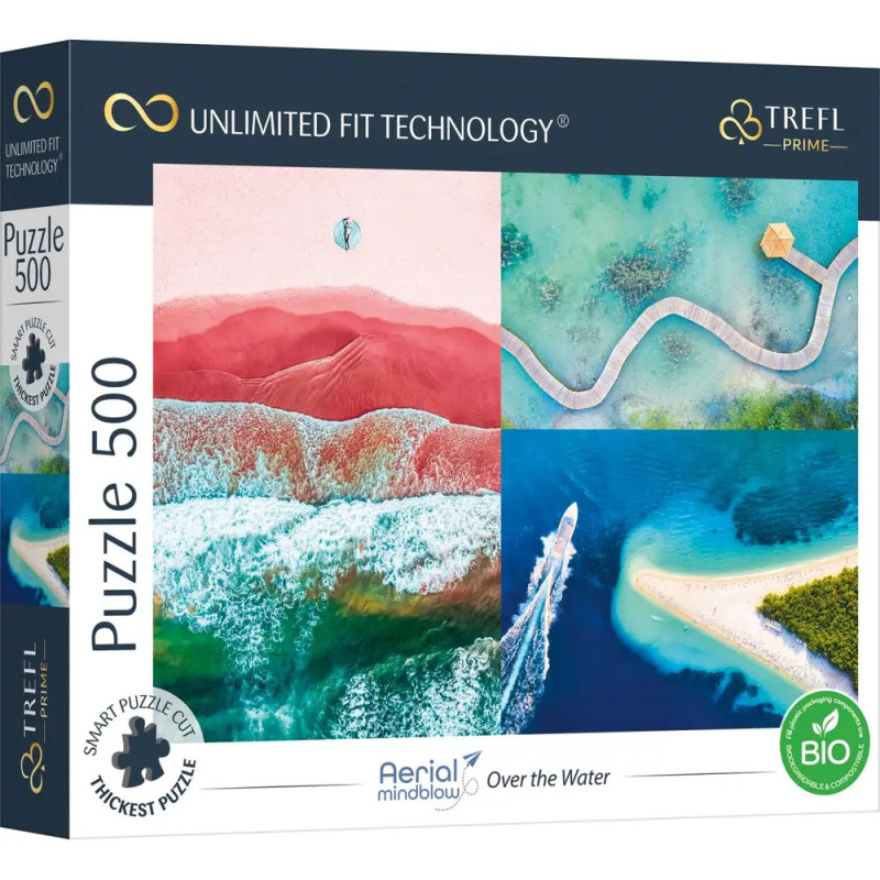 Schachtel eines 500-Teile-Trefl-Puzzles mit Luftaufnahmen bunter Wasser- und Landschaftsszenen. Schachtel eines 500-Teile-Trefl-Puzzles mit Luftaufnahmen bunter Wasser- und Landschaftsszenen.