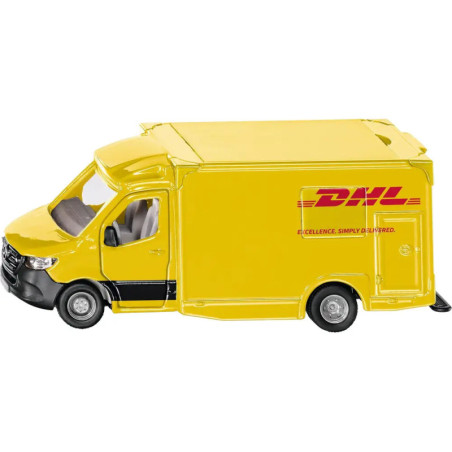 Gelbes DHL-Spielzeug-Transporter-Modell mit rotem DHL-Logo und Slogan seitlich.