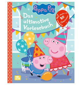 Peppa Pig und George feiern mit Partyhüten, Luftballons und Geschenken auf einem bunten deutschen Buchcover.