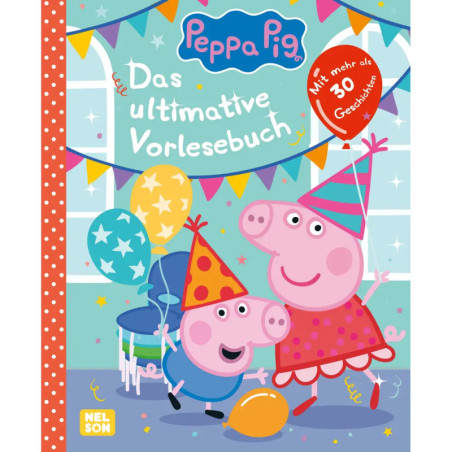 Peppa Pig und George feiern mit Partyhüten, Luftballons und Geschenken auf einem bunten deutschen Buchcover.